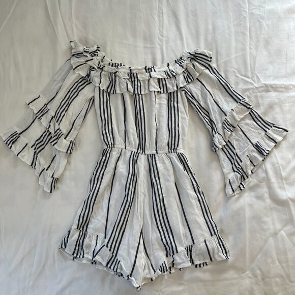 American Eagle White Black Stripe Boho Flare Sleeve Romper | Size XS - Picture 7 of 7